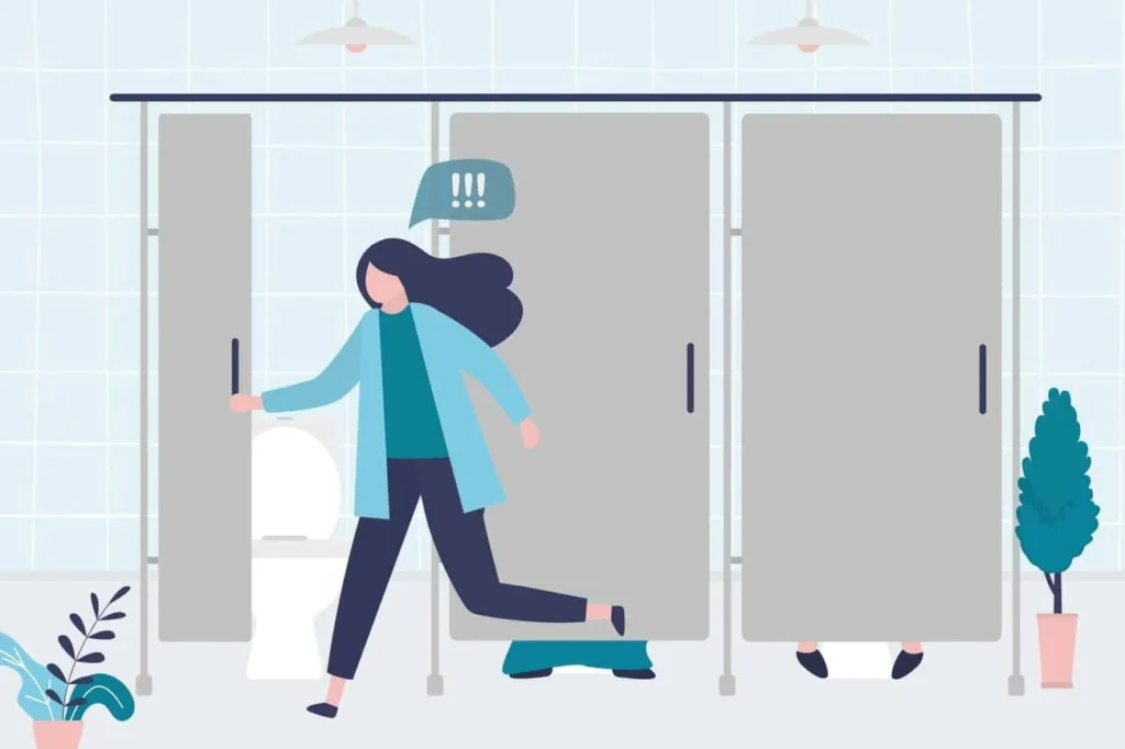 graphic of Urine incontinence Shirley woman running to the toilet.